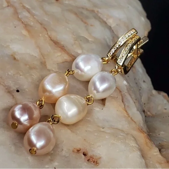 Gold Plated Genuine Freshwater Pearl Earrings with White Topaz Stones - Picture 1 of 7